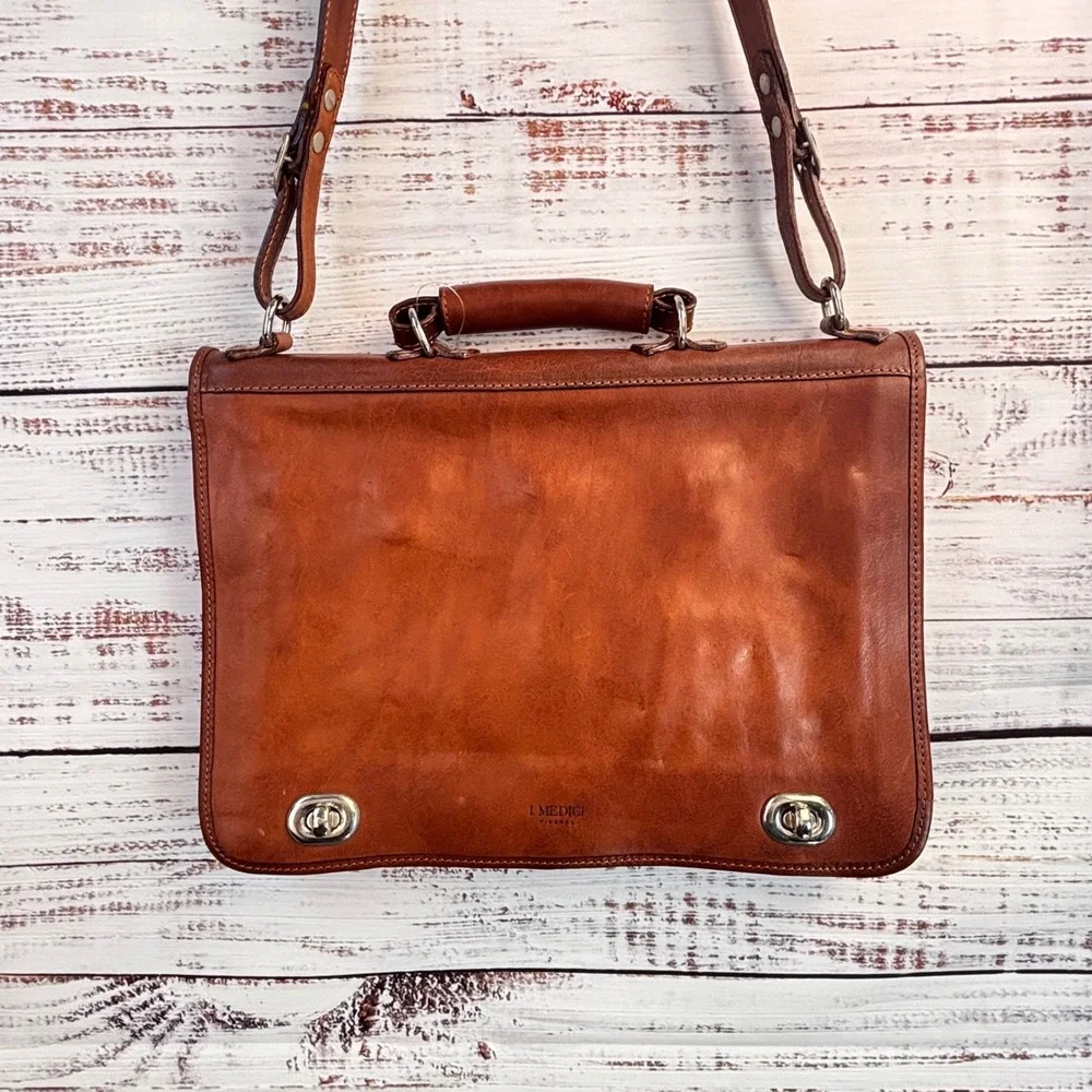 Italian Leather Briefcase Messenger Bag‎ Turnlock Medici Firenze Veg-Tanned